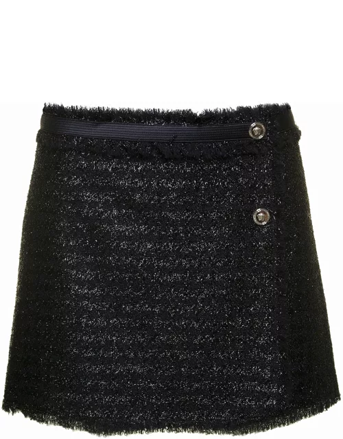 Versace Black Mini Lurex Skirt With Silver-tone Hardware In Wool Blend Woman