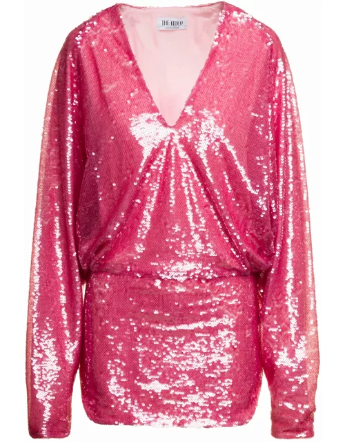 The Attico gael Mini Pink Dress With Long Sleeves And All-over Paillettes Embroidery In Fabric Woman
