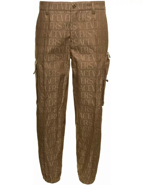 Versace Brown Cargo Pants With All-over Logo Print In Cotton Man