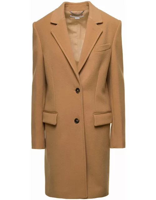 Stella McCartney Sand-colored Structured Single-breasted Coat With Notched Revers In Wool Woman