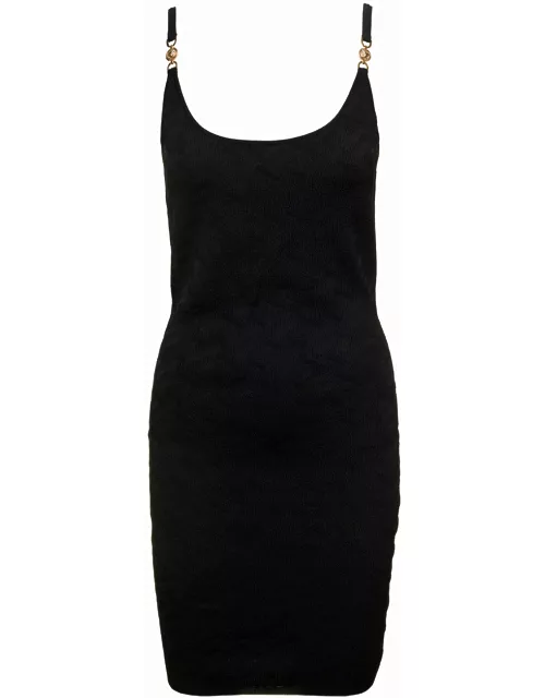 Versace Black Knitted Dress With La Greca Motif All-over In Viscose Woman