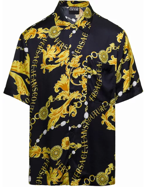 Versace Jeans Couture Bowling Shirt With All-over Baroque Print In Black And Gold Viscose Man