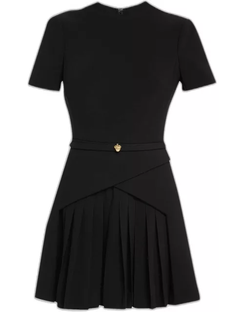 Wool-Blend Short Dress with Pleated Detai