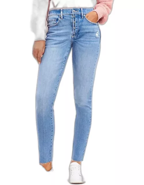 Loft Button Front High Rise Skinny Jeans in Destructed Mid Wash