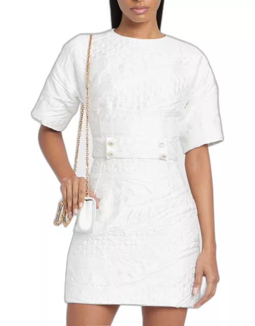 Jacquard Brocade Short-Sleeve Mini Dres