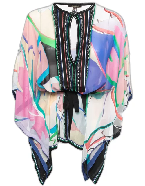 Roberto Cavalli Multicolor Printed Silk Chiffon Waist Tie Detail Kaftan Top