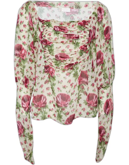 Valentino Beige Floral Printed Silk Chiffon Ruched Long Sleeve Top