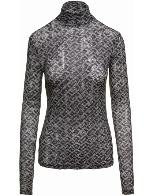 Pinko Blaxk Turtleneck Sweeater With all-over Logo Drawing Motif In Stretch Fabric Woman