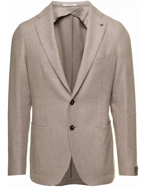 Tagliatore Beige Single-breasted Jacket With Logo Charm In Wool Blend Man
