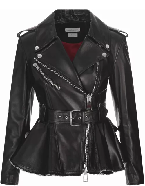 Alexander McQueen Black Biker Jacket With Ruffles And Zip