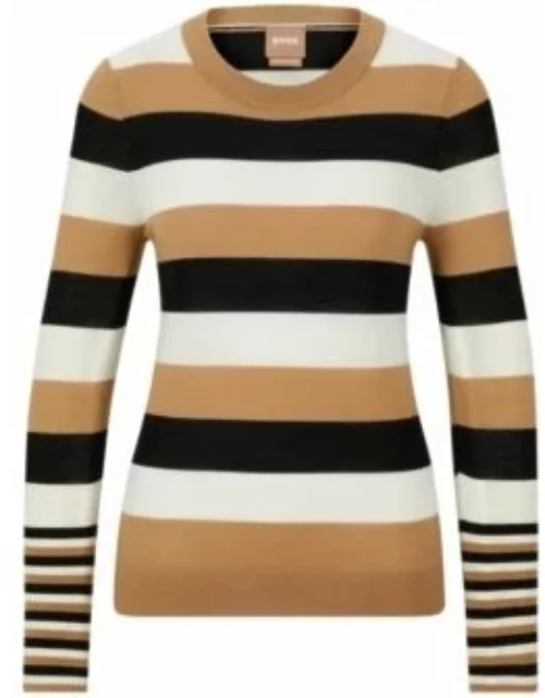 Wool sweater with horizontal stripes and crew neck- Patterned Women's Sweater