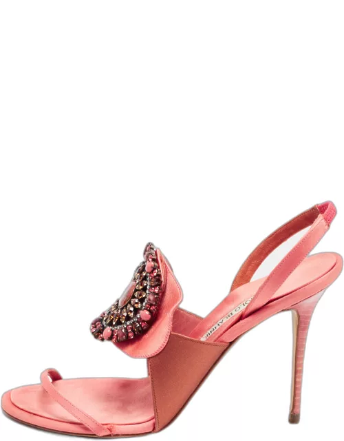 Manolo Blahnik Pink/Brown Satin Crystal Embellished Ankle Strap Sandal