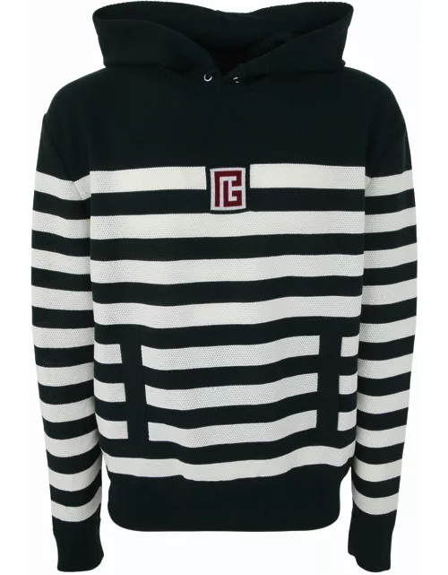 Balmain Pb Stripe Wool Hooded Sweater