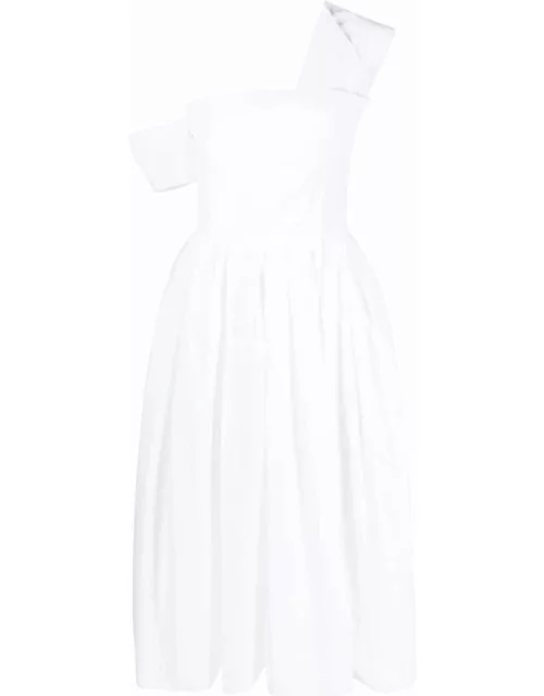 White flared midi dress with bare shoulder