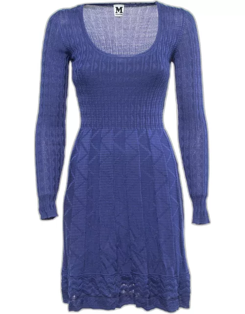 M Missoni Blue Patterned Knit Scoop Neck Flared Midi Dress