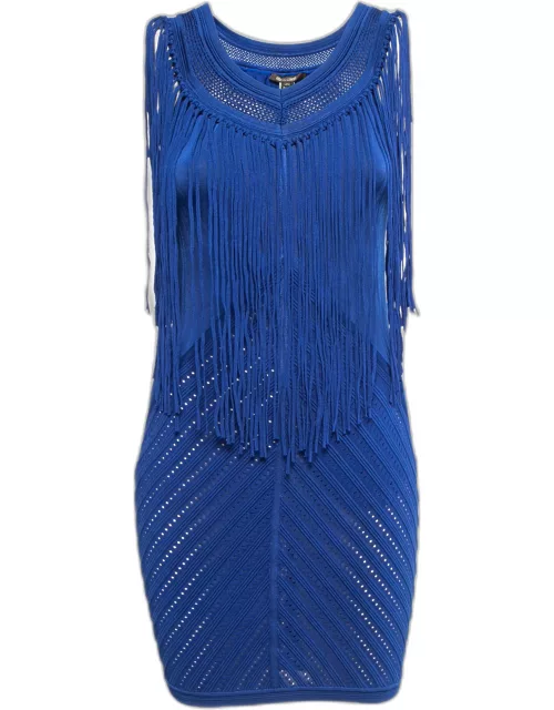 Roberto Cavalli Blue Knit Fringed Sleeveless Mini Dress