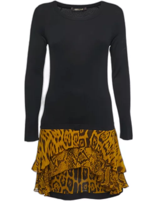 Roberto Cavalli Black Animal Print Silk & Jersey Full Sleeve Flared Short Dress