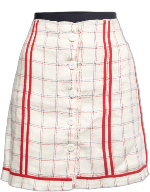 D & G White Checked Patterned Linen Buttoned Mini Skirt