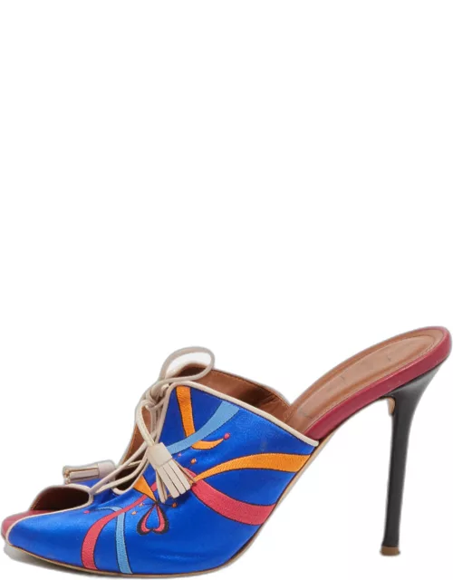 Malone Souliers Blue Embroidered Satin Peep Toe Lace Up Mule