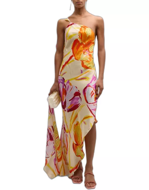 Trysta Draped High-Low Floral-Print Maxi Dres