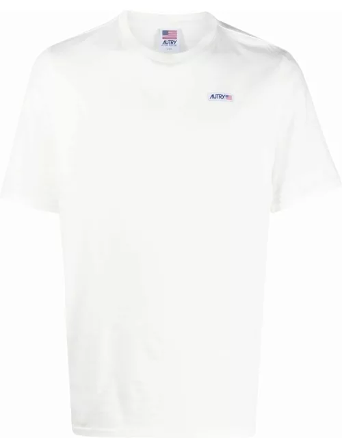 White crew-neck T-shirt with logo application