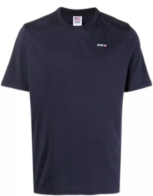 Blue crew-neck T-shirt with logo appliqué