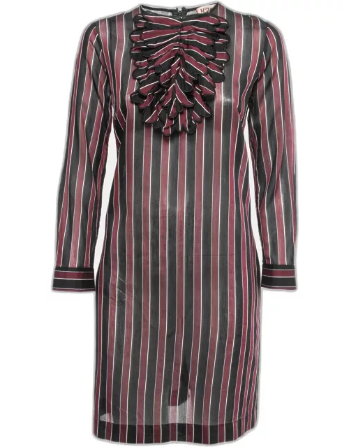 N21 Burgundy/Black Striped Cotton Blend Long Sleeve Short Dress