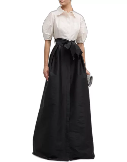 Puff-Sleeve Two-Tone Tafetta Shirt Gown