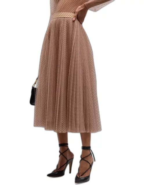 Polka-Dot Pleated A-Line Midi Skirt