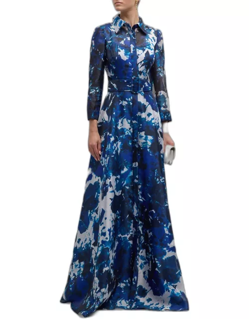 Belted Floral-Print Organza Shirt Gown