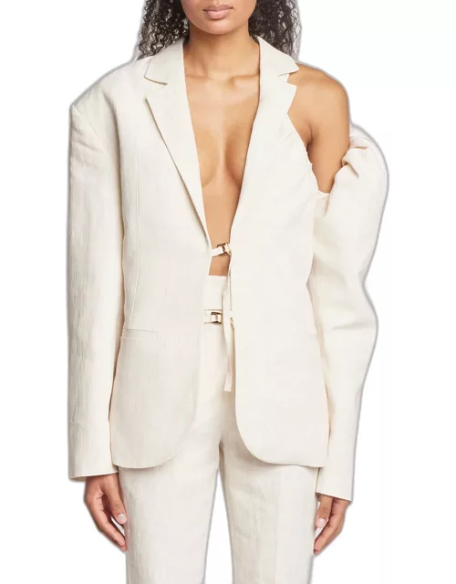 Linen Blazer Jacket with Off-Shoulder Puff Sleeve