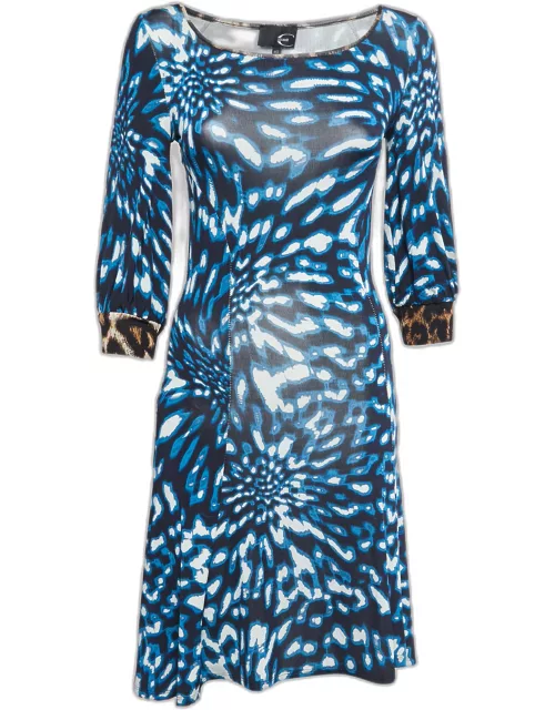 Just Cavalli Blue Printed Jersey Long Sleeve Midi Dress