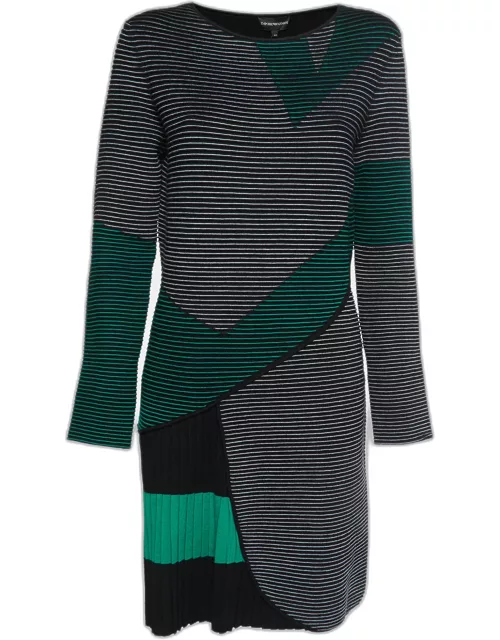 Emporio Armani Black Striped Knit Pleat Detail Short Dress