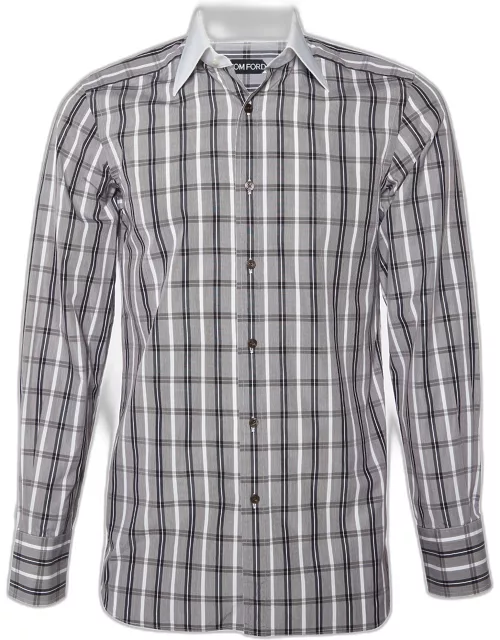 Tom Ford Brown Checkered Cotton Contrast Collar Shirt