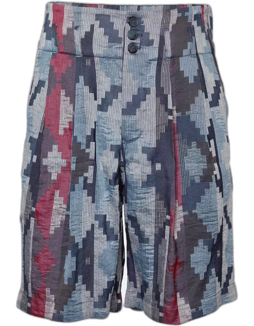 Giorgio Armani Blue Geometric Pattern Linen Blend Shorts