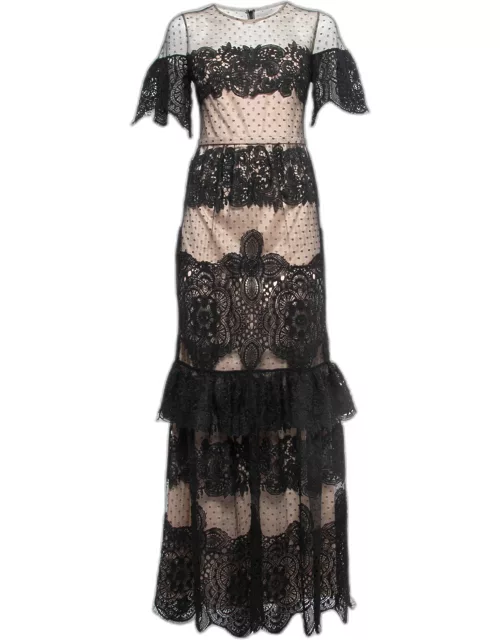 ML By Monique Lhuillier Black Embroidered Lace & Dotted Mesh Tiered Maxi Dress
