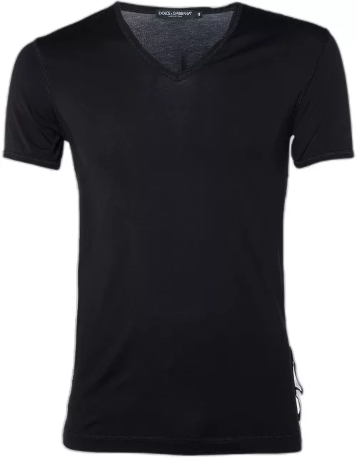 Dolce & Gabbana Black Cotton Knit Overlock V-Neck T-Shirt