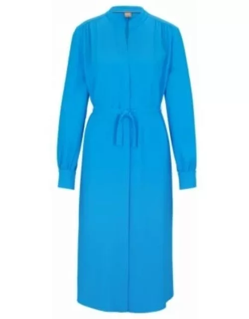 Belted dress with collarless V neckline and button cuffs- Blue Women's Business Dresse