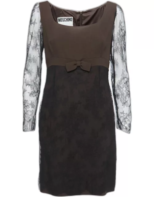 Moschino Couture Black/Brown Crepe & Lace Bow Detail Mini Dress