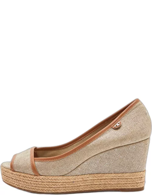 Tory Burch Beige/Tan Canvas and Leather Espadrille Wedge Pump