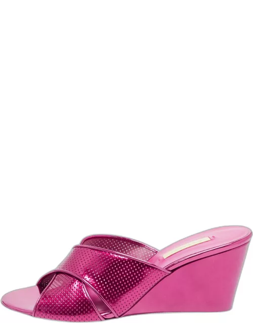 Casadei Pink Patent Leather Criss Cross Wedge Slide Sandal