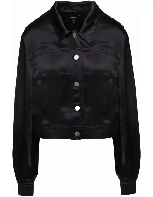 Theory Black Cropped Shirt With Buttons In Satin Fabric Woman