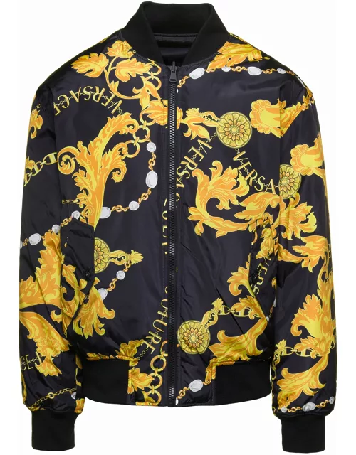 Versace Jeans Couture Black Reversible Bomber Jacket With baroque And chain Motif In Nylon Man