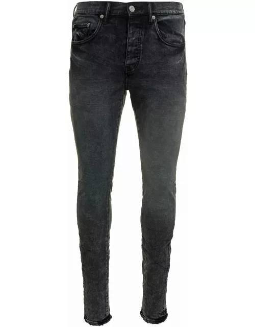 Purple Brand Black Skinny Jeans With Tonal Logo Patch And Crinkled Effect In Stretch Cotton Denim Man