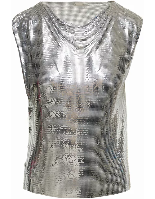 Paco Rabanne Silver-colored Sleeveless Top With Draped Neckline In Metal Mesh Woman