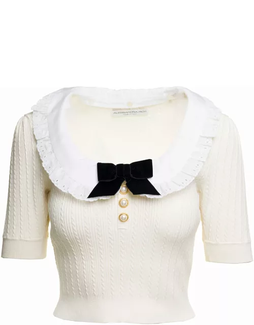 Alessandra Rich White Knitted Jumper With Bow Detail In Cotton Blend Woman