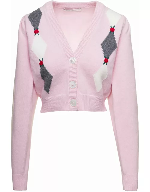 Alessandra Rich Pink Cardigan With diamond Motif And Embroidered Rose Detail In Wool Woman
