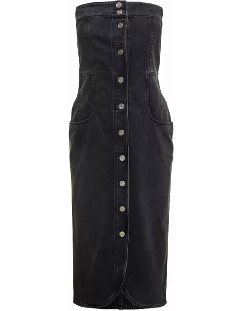 Isabel Marant Dark Grey Strapless Midi Dress With Branded Buttons In Cotton Denim Woman