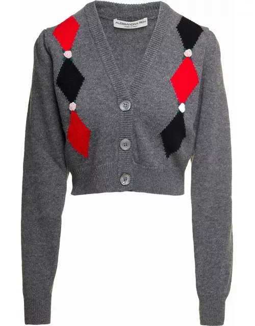 Alessandra Rich Grey Cardigan With diamond Motif And Embroidered Rose Detail In Wool Woman