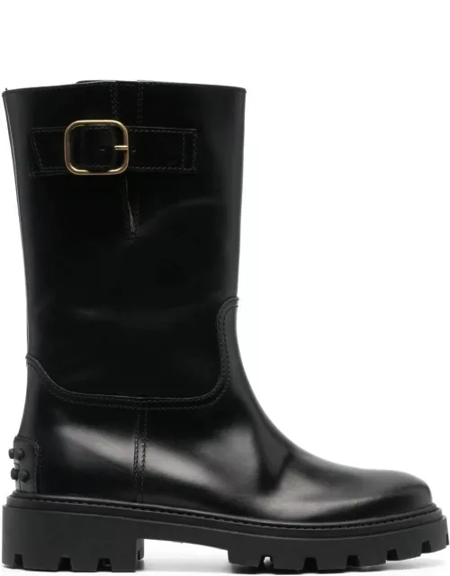 Tod's Black biker Boots With Buckle Detail And Gold-tone Hardware In Leather Woman